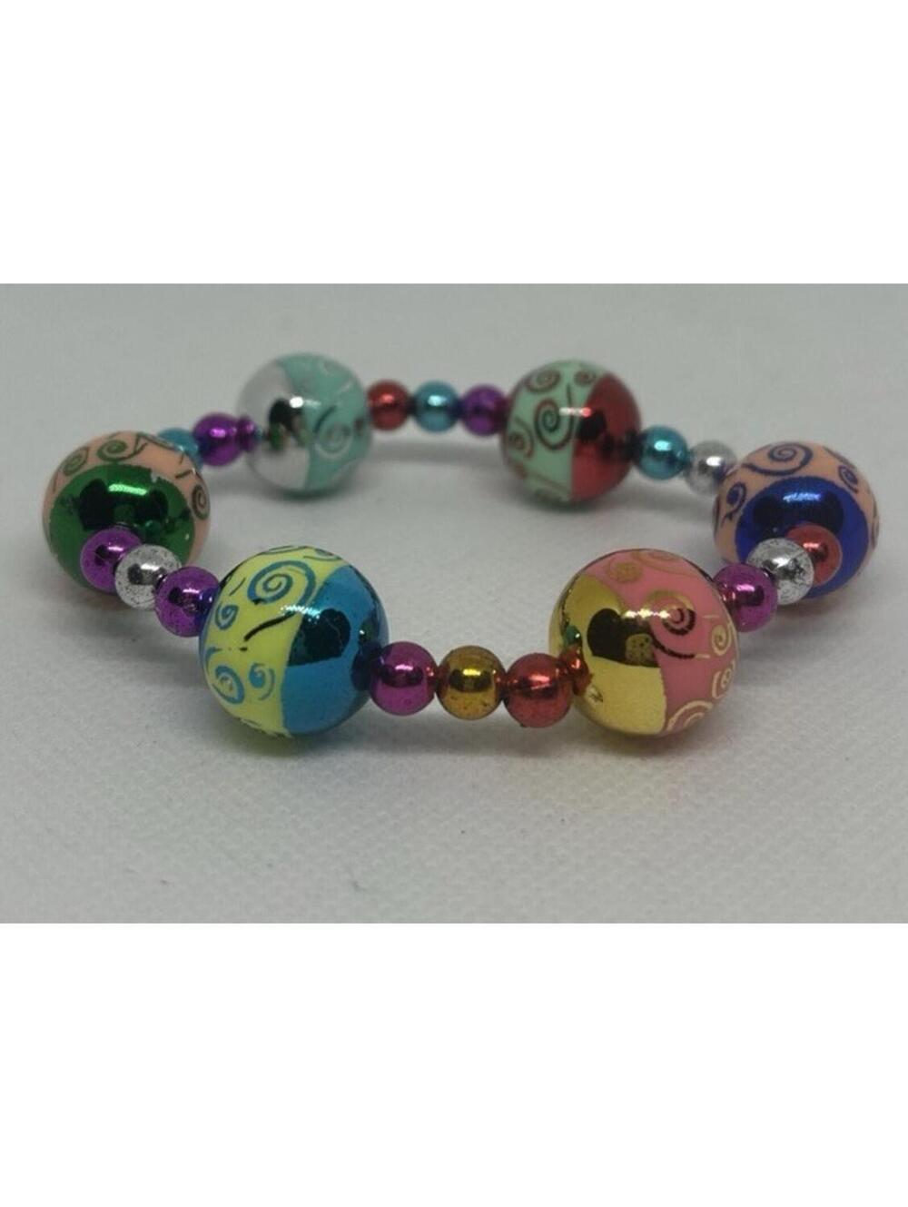 Colorful Beaded Stretch Bracelet with Swirl Patterned Large Beads